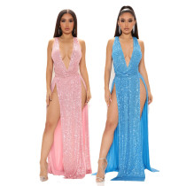 Long sleeveless, deep V sequin dress