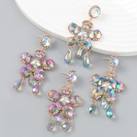 Earrings, alloy, diamond inlaid flowers, acrylic eardrops, earrings