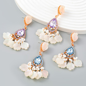 Drop shaped, alloy diamond inlaid, resin flowers, tassel earrings