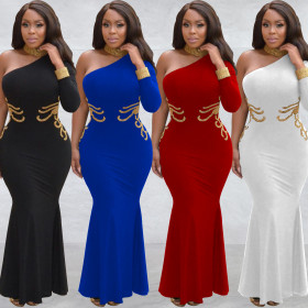 Solid color, hot drill, one shoulder, long sleeve dress, dress