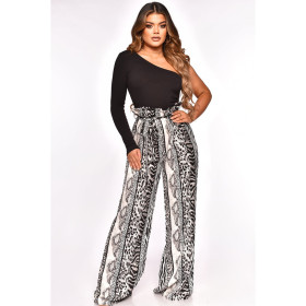 Printed, one shoulder, wide leg pants with straps, one-piece pants