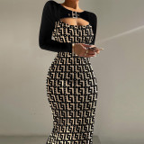 Tight, printed contrast, fake two pieces, large fishtail dress