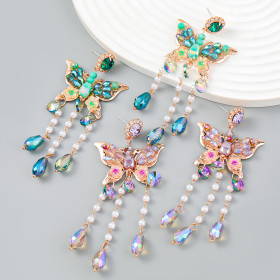 Alloy, diamond inlaid, butterfly acrylic, tassel earrings
