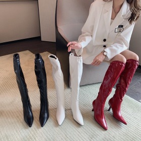 Pointed thin heel, soft leather, long tube below knee, elastic tube mouth boots