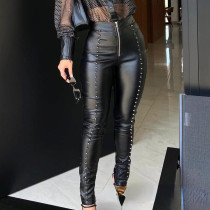 Black, zipper, rivet leather pants