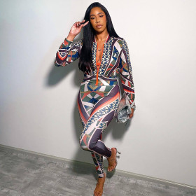 Casual digital print, shirt+pants, two piece set