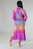 Strap, long sleeve, cardigan, printed split skirt, two-piece set