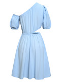 Casual, slant neck, hollow solid color, waist closing dress
