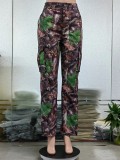 Leaf print, straight leg, high waist pocket, multicolor overalls