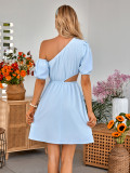 Casual, slant neck, hollow solid color, waist closing dress
