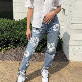 Cotton, printed, high waist casual, straight jeans