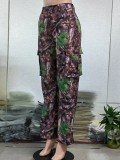 Leaf print, straight leg, high waist pocket, multicolor overalls