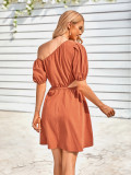 Casual, slant neck, hollow solid color, waist closing dress