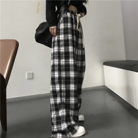 Black and White Plaid pants Oversize New Women Casual Loose Wide Leg Trousers Ins Retro Teen Straight Trousers Hiphop Streetwear