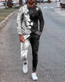 2022 New Men's Long Sleeve T-Shirt Tracksuit 2 Piece 3D Printed Retro Black and White Lion King Style Oversized Tracksuit