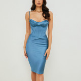 Swing neck dress, satin, fishbone sling, backless dress