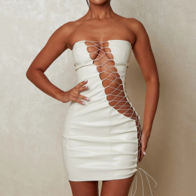Sleeveless, strapless, tight PU leather, short skirt with hollow lace wrap