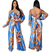 Printed, off the collar, strapless jumpsuit