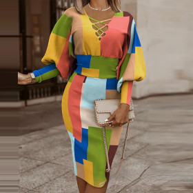 Color, geometry, strap, lantern sleeves, casual skirt