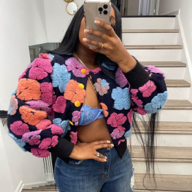 Stereoscopic, floral, loose, single breasted, cardigan jacket