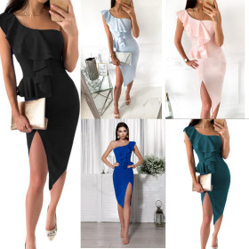 Ruffles, one shoulder, split, dress dress