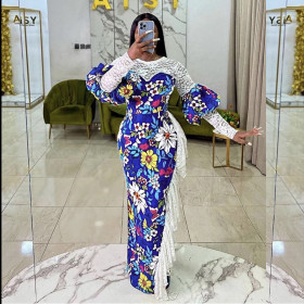 Floral print, long skirt, flared sleeves, lace side, one step skirt