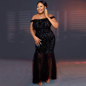 Sequins, mesh patchwork skirt, dress, hanging shoulder sleeve banquet dress