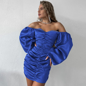Off shoulder, open back, pleated, hip wrapped long sleeve, dress