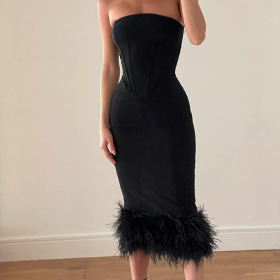 Feather, tight, strapless, dress