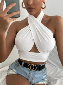 Women Summer Tank Tops Sexy Solid Color Cross Halter Neck Push Up Hollow Crop Tops 2022 New Fashion