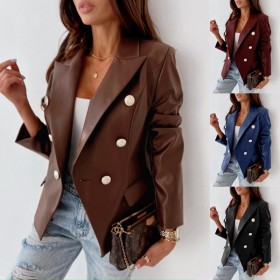 Long sleeve, double breasted, PU leather coat, suit