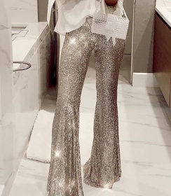 Silver, skinny, sequined flare pants