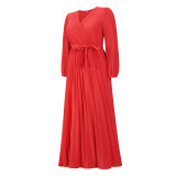 V-neck, long sleeve, pleated A-line skirt