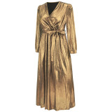 V-neck, lace up, gilded dress, dress