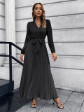 V-neck, long sleeve, pleated A-line skirt