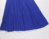 V-neck, long sleeve, pleated A-line skirt