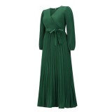 V-neck, long sleeve, pleated A-line skirt