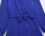 V-neck, long sleeve, pleated A-line skirt