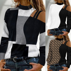 Off shoulder, geometric color block, pattern, long sleeve top