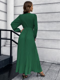 V-neck, long sleeve, pleated A-line skirt