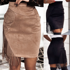 Fringe leather skirt, half skirt, deerskin velvet, irregular high waist, hip wrap skirt skirt