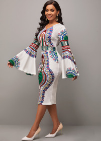 Digital printing, V-neck, long sleeve, women's dress