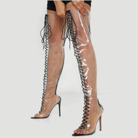 Transparent, above knee, boots, high heel boots, cross ties