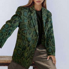 Casual, leopard print, coat, long sleeve woolen blazer