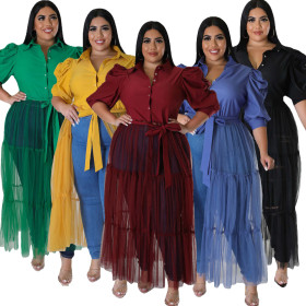 Women's oversize dress, chiffon, bubble sleeves, mesh stitching, dress