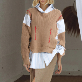 Irregular, color contrast, fake two-piece knitwear, lapel and edging, long sleeved sweater