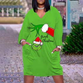 Christmas, printed, mid skirt pullover, V-neck long sleeve dress