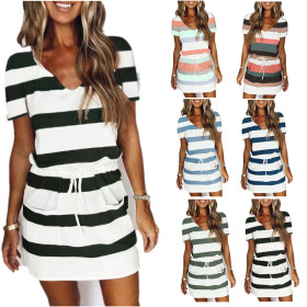 Drawstring, skirt, short sleeve, striped dress