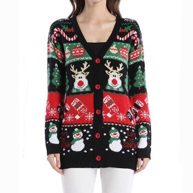 V-neck, jacquard, Christmas sweater, loose knit cardigan