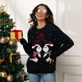 Penguin, jacquard, loose, long sleeved sweater, pullover Christmas sweater